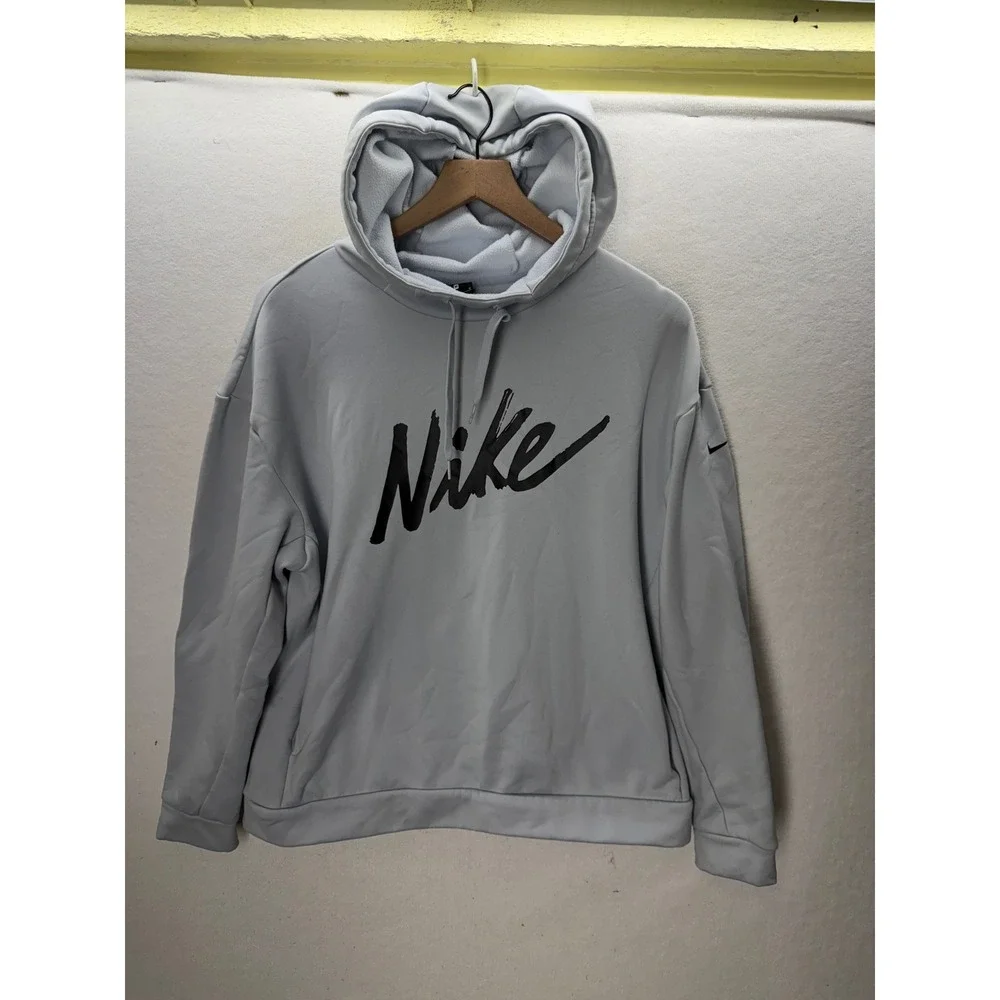 Nike Hoodie Women Medium Grey Therma-FIT Script Logo Pullover 3506